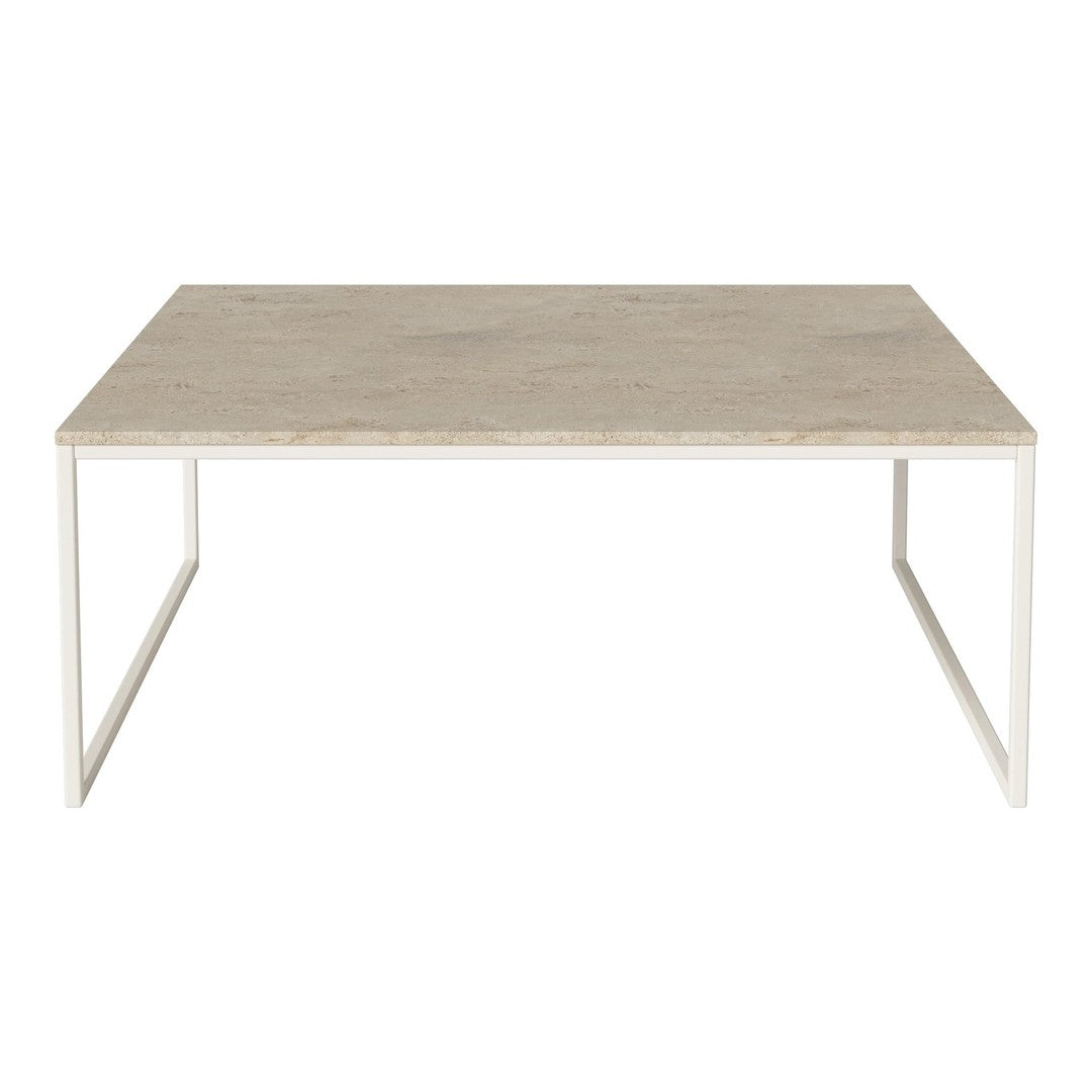 Light beige tabletop with subtle patterns and white metal legs, creating a modern, minimalist design.