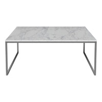 Stylish rectangular coffee table with a white marble top and sleek silver metal legs. Elegant modern design.