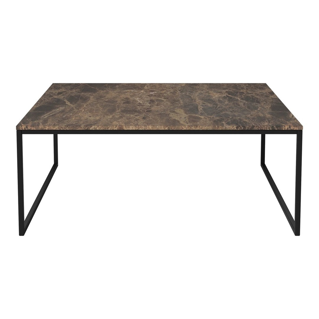 Rectangular table with a dark, marbled brown top and a sleek black metal frame, featuring modern minimalist design.