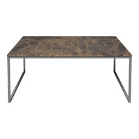 Brown marble table top with abstract gray and beige veining on a sleek black metal frame.