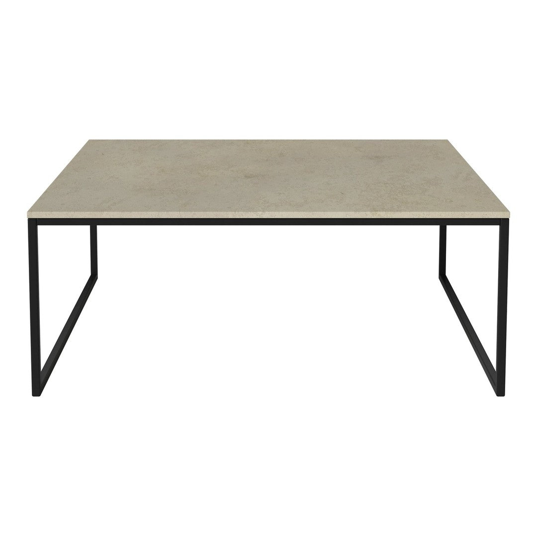 Gray concrete tabletop with a sleek black metal frame, minimalistic design for modern decor.