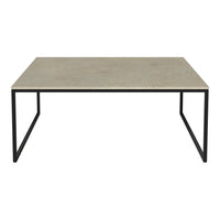 Gray concrete tabletop with a sleek black metal frame, minimalistic design for modern decor.