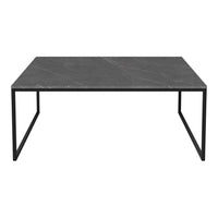 Black marble tabletop with subtle white veining, paired with a sleek black metal frame. Modern and stylish design.