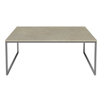Modern gray concrete tabletop with sleek silver metal legs, minimalistic design, and seamless finish.