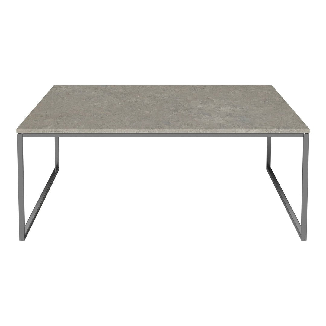Gray concrete tabletop with a smooth, matte finish, featuring sleek silver metal legs in a minimalist design.