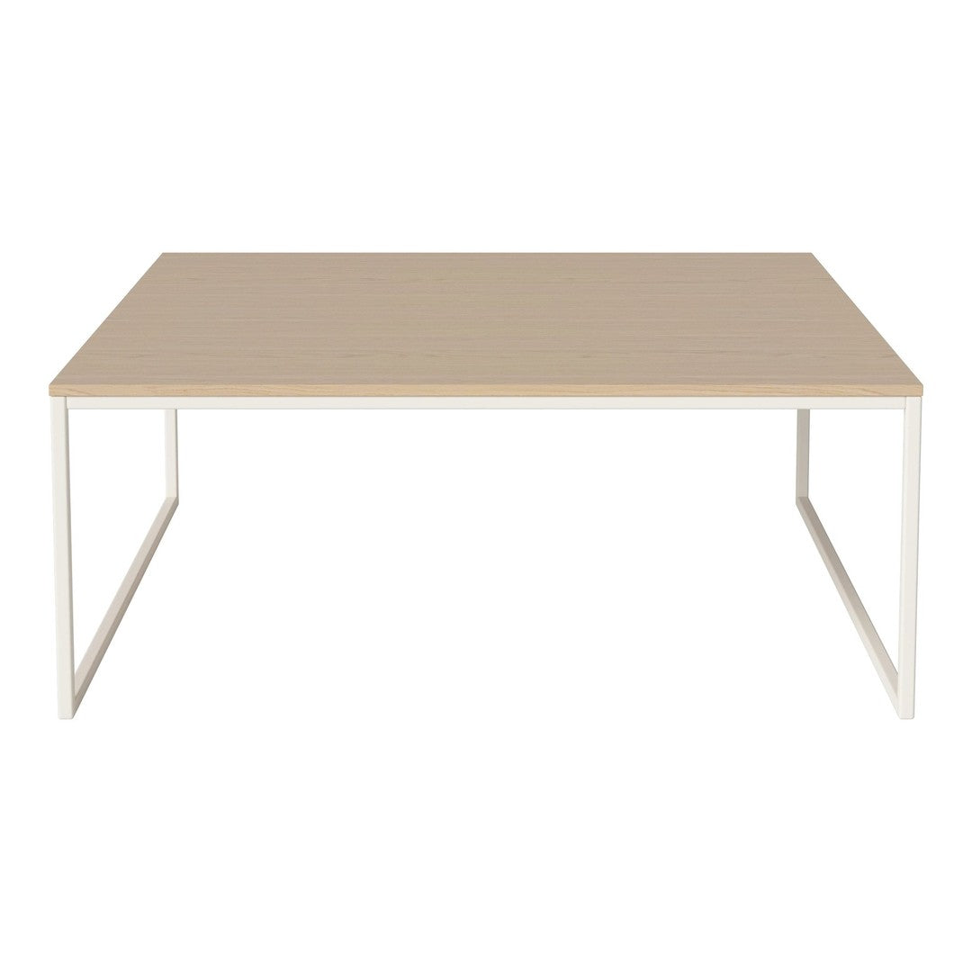 Light wooden tabletop with subtle grain pattern, complemented by a sleek white metal frame.