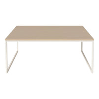 Light wooden tabletop with subtle grain pattern, complemented by a sleek white metal frame.