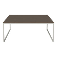 Modern rectangular table with a rich brown wood top and sleek silver metal legs. Ideal for contemporary settings.
