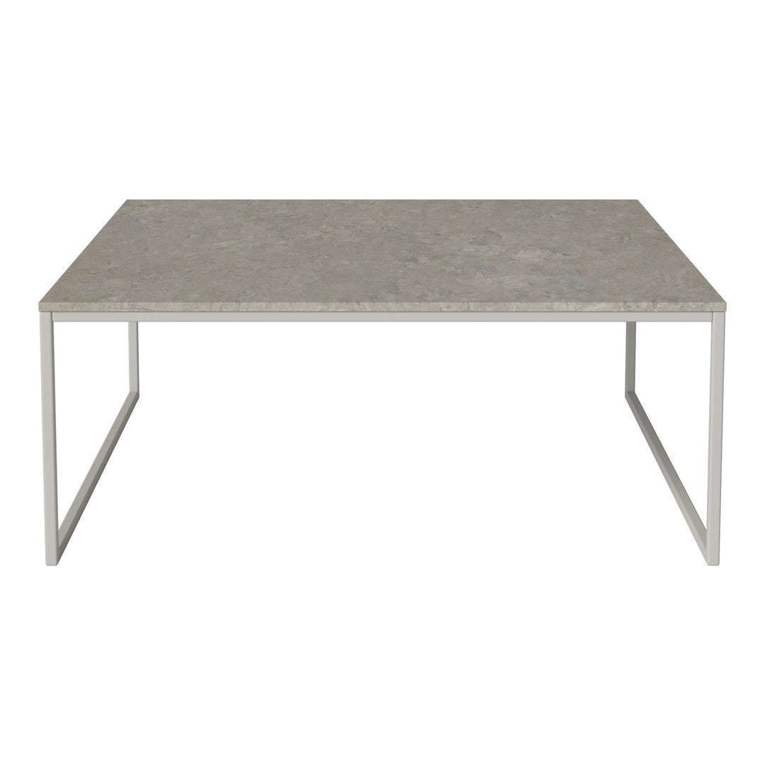 Gray rectangular table with a smooth surface and minimalist metal legs, perfect for modern decor.