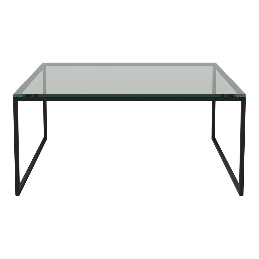 Modern rectangular glass table with a clear surface and black metal frame, showcasing a sleek, minimalist design.