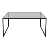 Modern rectangular glass table with a clear surface and black metal frame, showcasing a sleek, minimalist design.