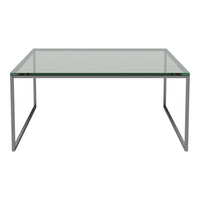 "Modern glass tabletop coffee table with sleek silver metal frame, featuring a minimalist design and clear surfaces."