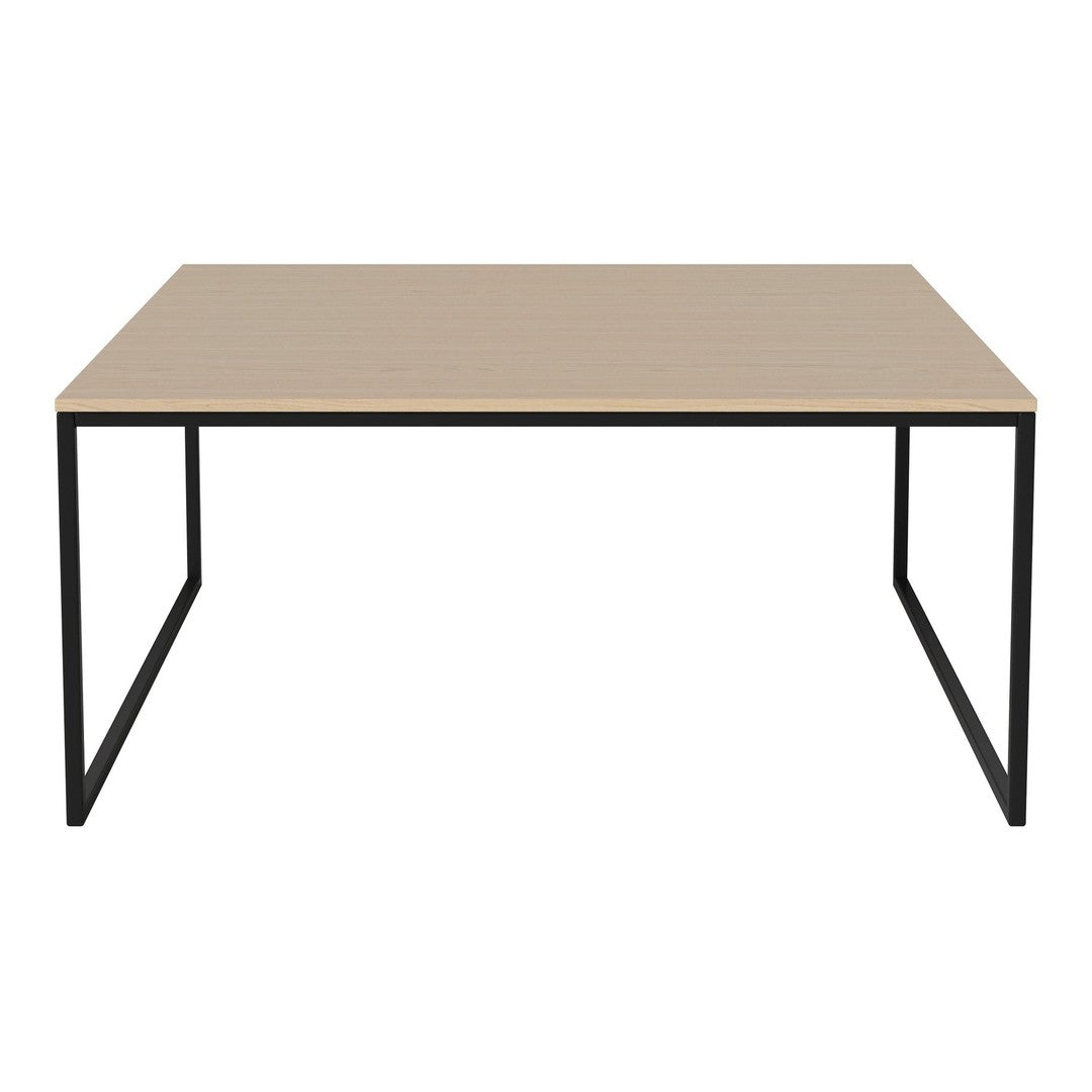 Beige tabletop with a smooth finish and black metal frame. Minimalist design suitable for various decor styles.