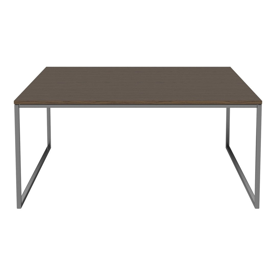Brown tabletop with a sleek gray metal frame, minimalistic design, perfect for modern interiors.