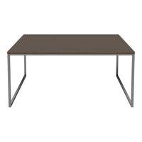 Brown tabletop with a sleek gray metal frame, minimalistic design, perfect for modern interiors.
