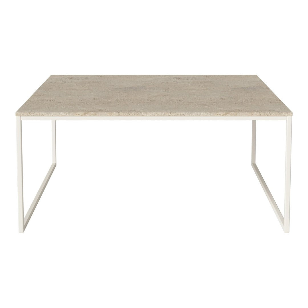 Light beige tabletop with subtle texture and sleek white metal legs, perfect for modern decor.