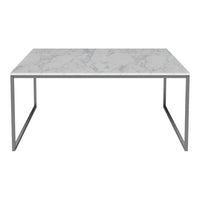 Rectangular dining table with a white marble top featuring elegant gray veining and a sleek silver metal frame.
