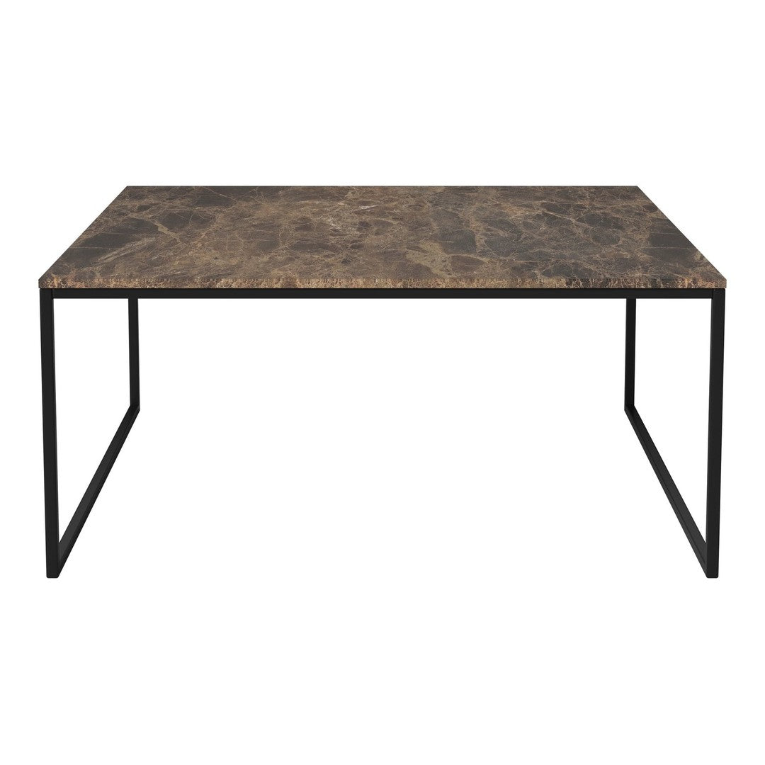 Black and brown marble pattern tabletop with a sleek black metal frame. Modern and stylish design.