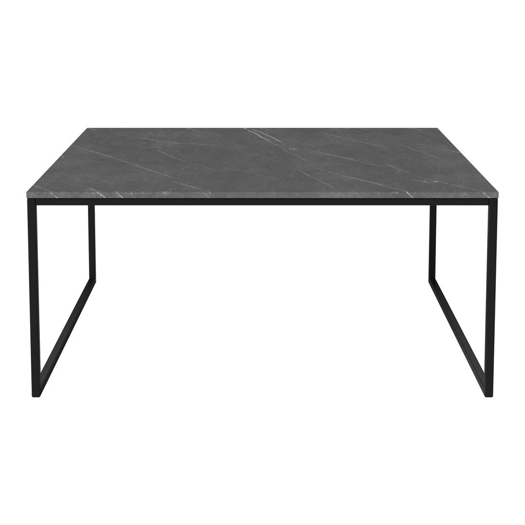 Black marble tabletop with subtle white veining, supported by sleek black metal legs. Modern and minimalist design.