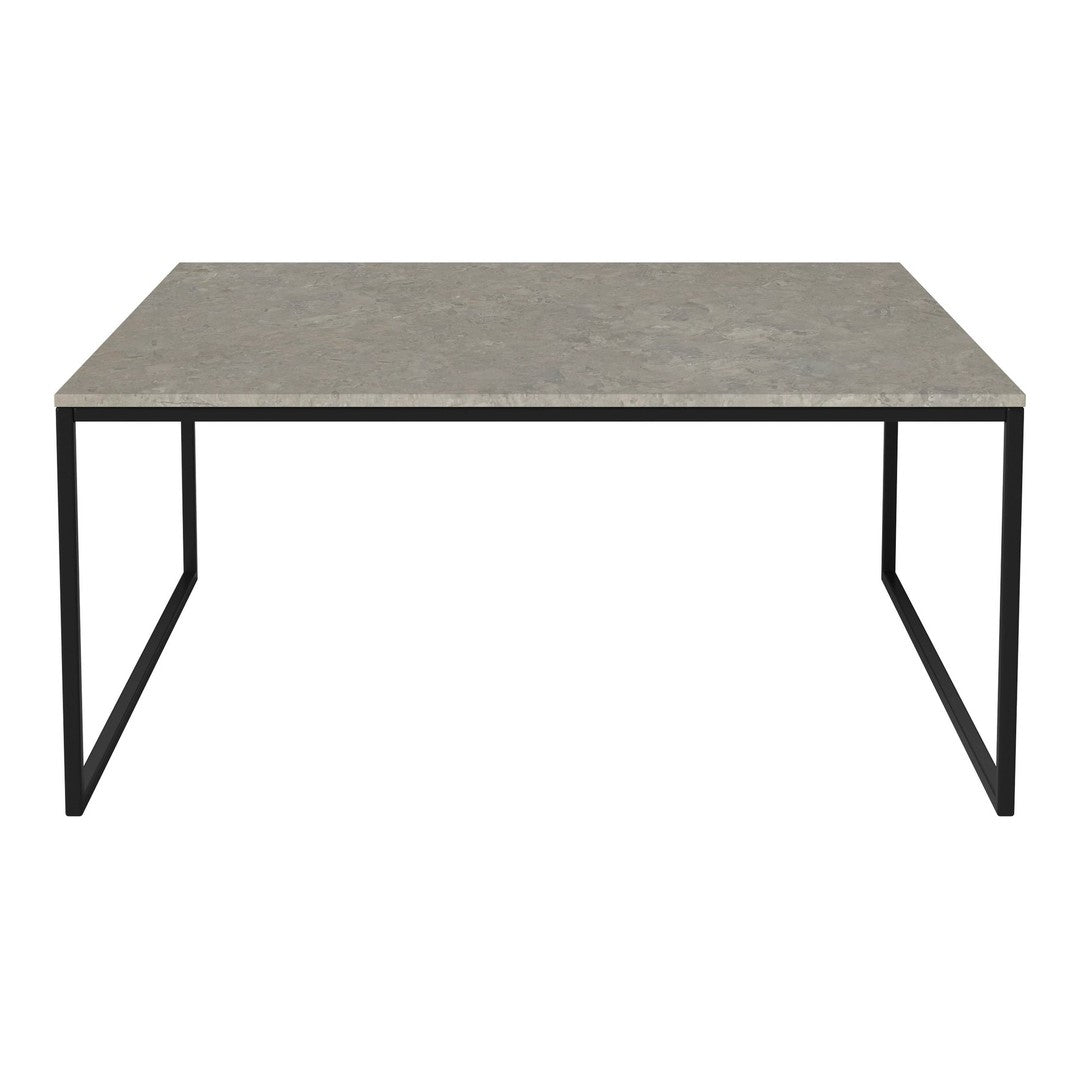Grey stone tabletop with a sleek, matte finish, set on a minimalist black metal frame. Perfect for modern decor.