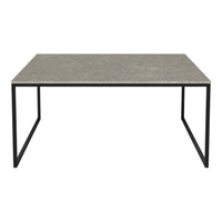 Grey stone tabletop with a sleek, matte finish, set on a minimalist black metal frame. Perfect for modern decor.