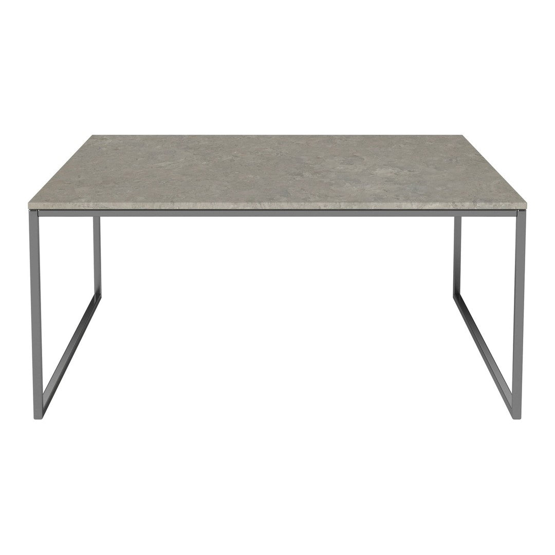 Gray marble tabletop with subtle patterns, supported by a sleek silver metal frame. Modern and stylish design.
