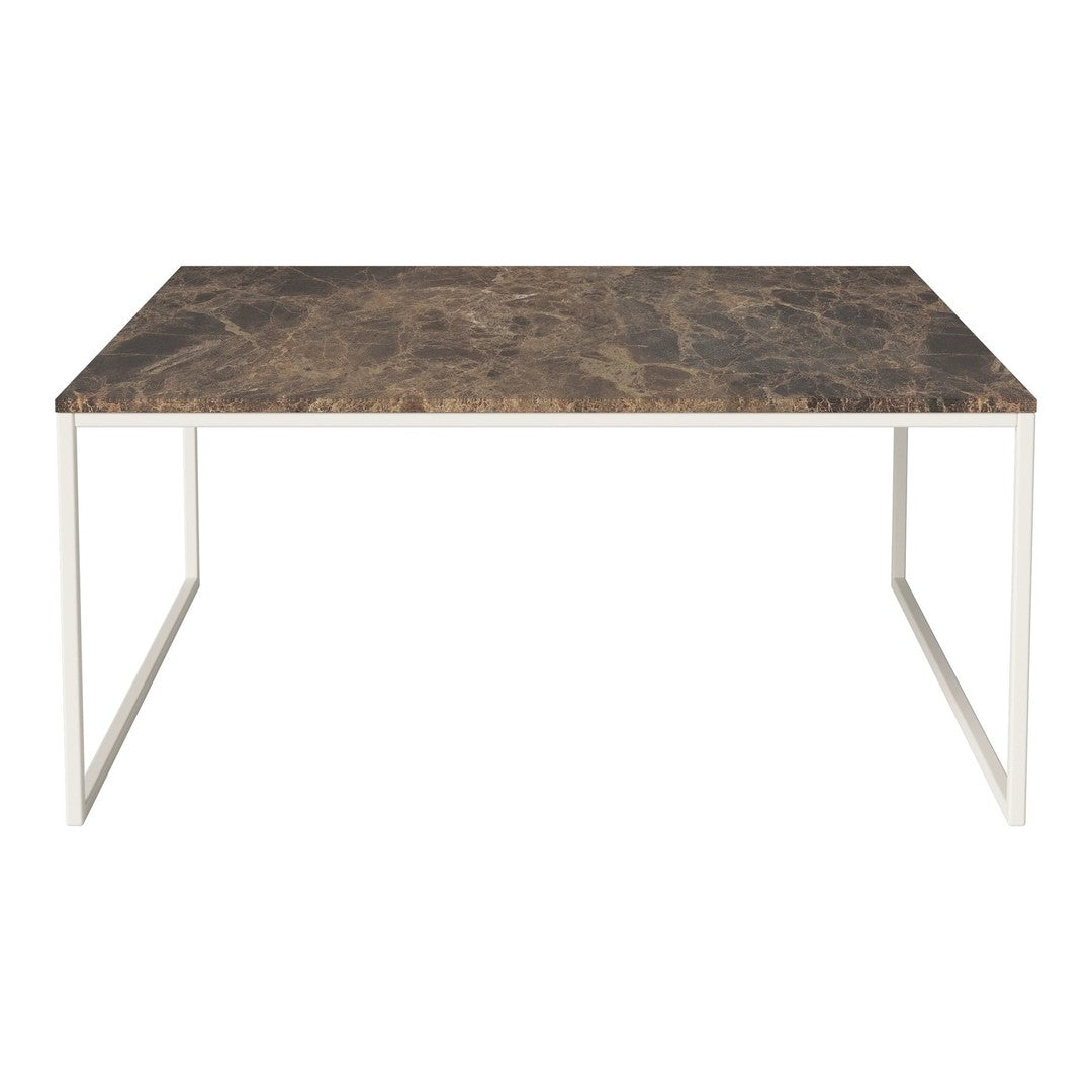 Brown marble table top with subtle gray veining, featuring a sleek white metal frame. Ideal for modern dining spaces.