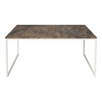 Brown marble table top with subtle gray veining, featuring a sleek white metal frame. Ideal for modern dining spaces.