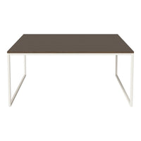 Brown rectangular tabletop with sleek white metal legs, creating a modern and minimalist design.