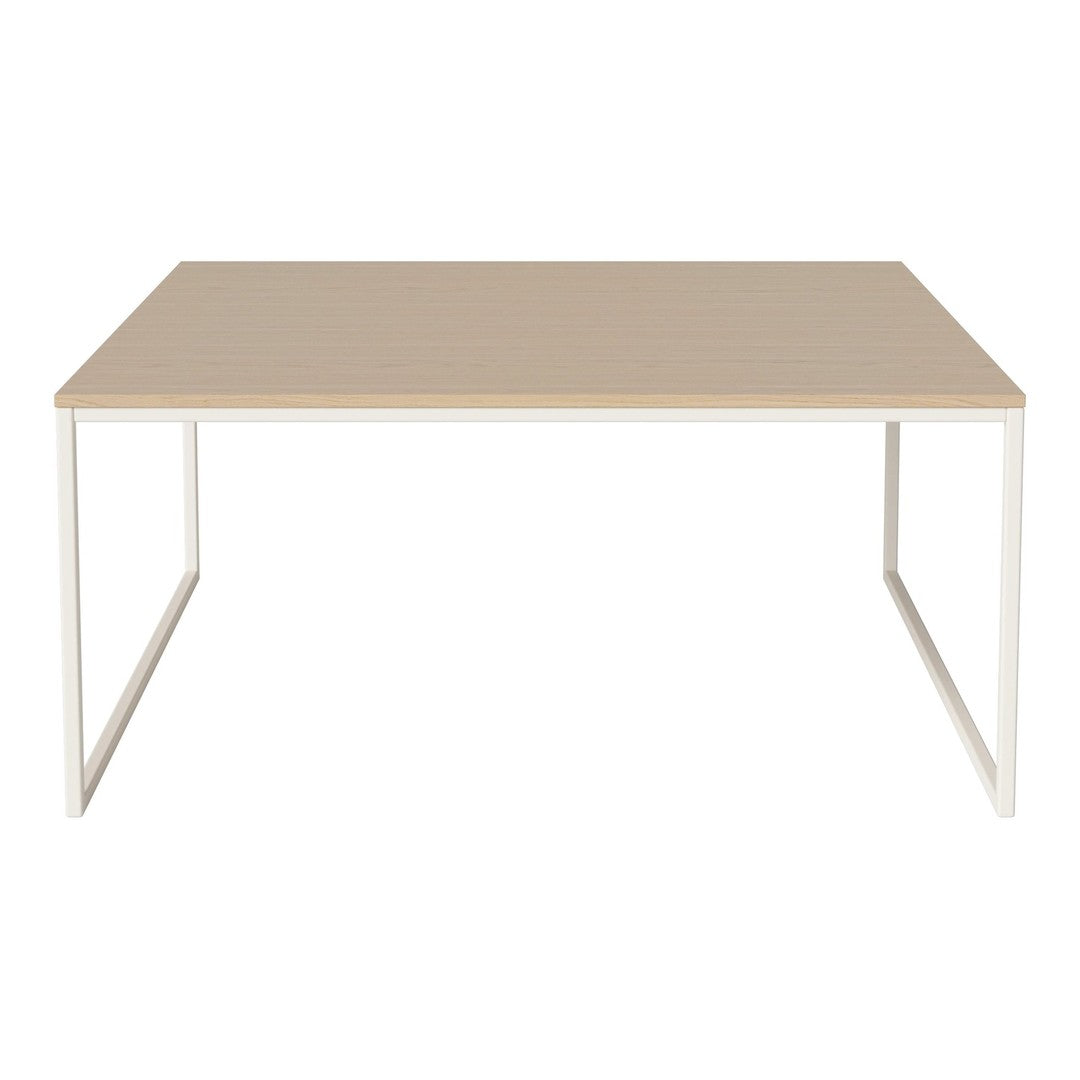 Light beige tabletop with a smooth finish, set on a sleek white metal frame. Ideal for modern decor.