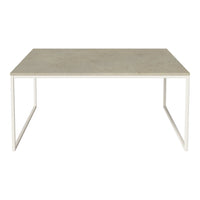 Modern rectangular dining table with a light beige top and sleek white metal legs. Minimalist design for versatile decor.