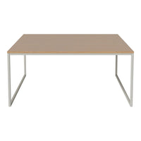 Light wood tabletop with a smooth finish, supported by a minimalist silver metal frame; modern and sleek design.