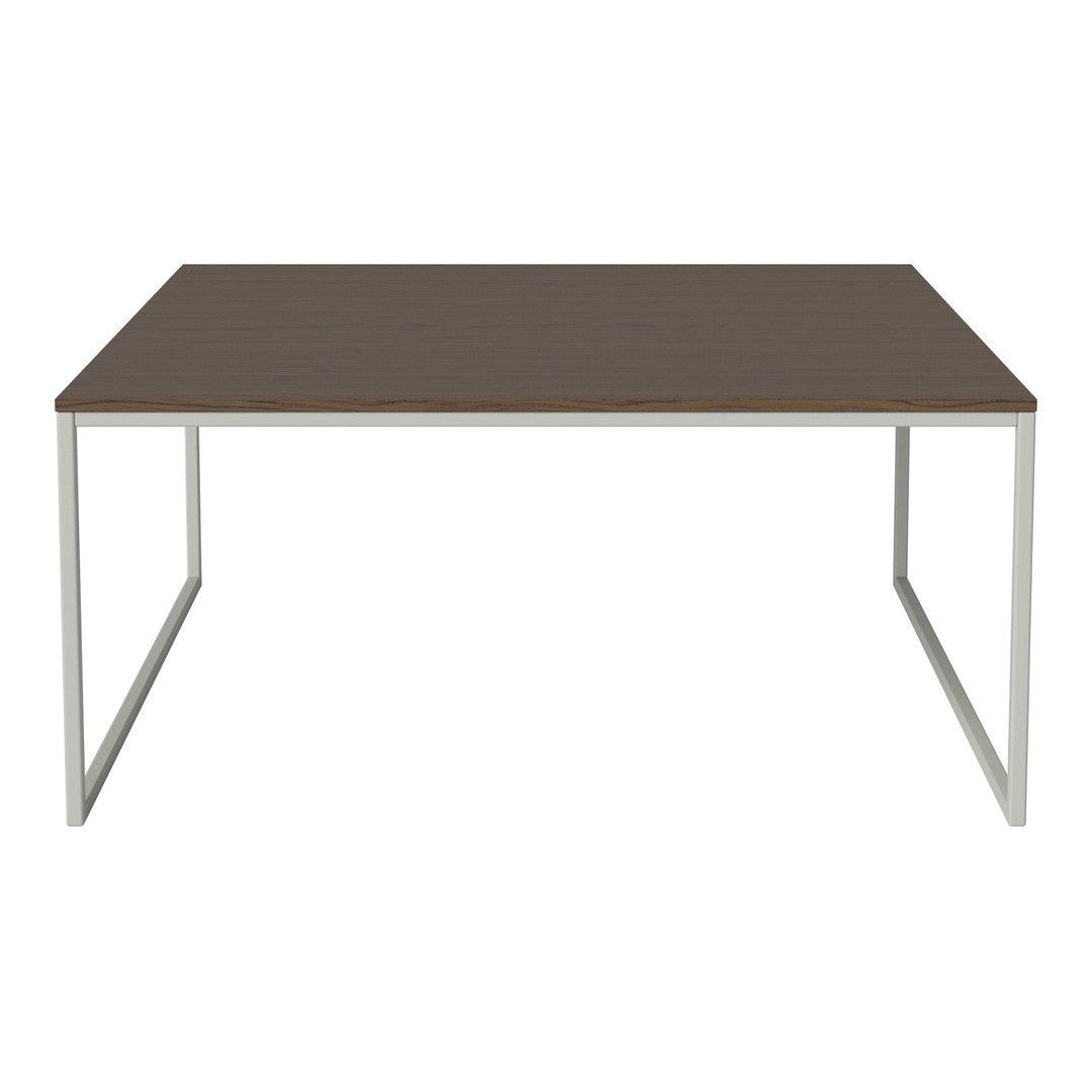 Brown wooden tabletop with a sleek silver metal frame, showcasing a minimalist design and modern aesthetics.