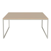 Light beige rectangular tabletop with a sleek silver metal frame, showcasing a modern minimalist design.