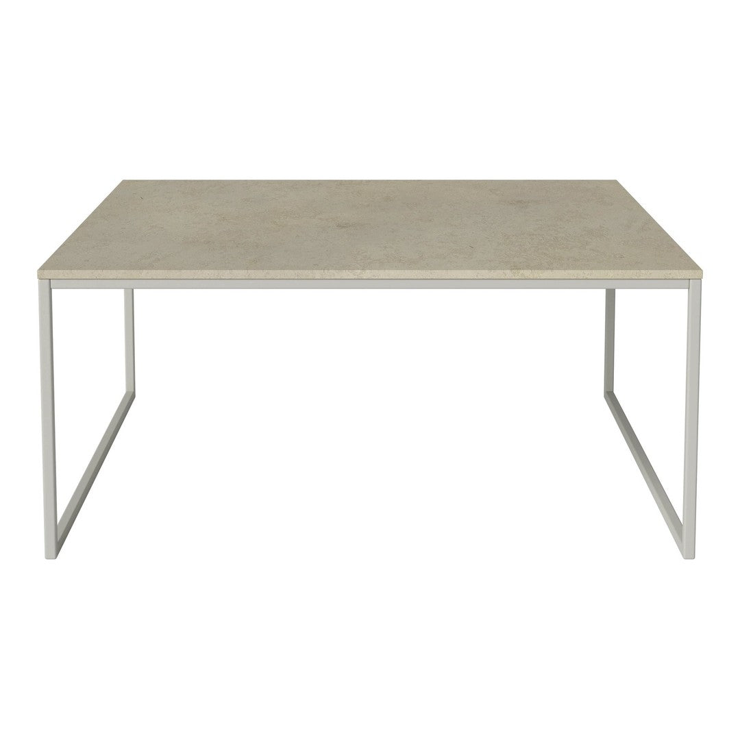 Light gray rectangular tabletop with a smooth surface, paired with a minimalist white metal frame.