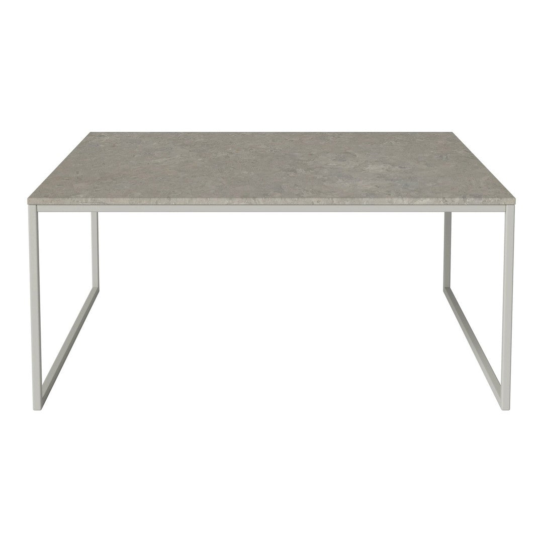 Gray marble top table with a sleek silver metal frame, featuring a minimalist design and smooth surface.