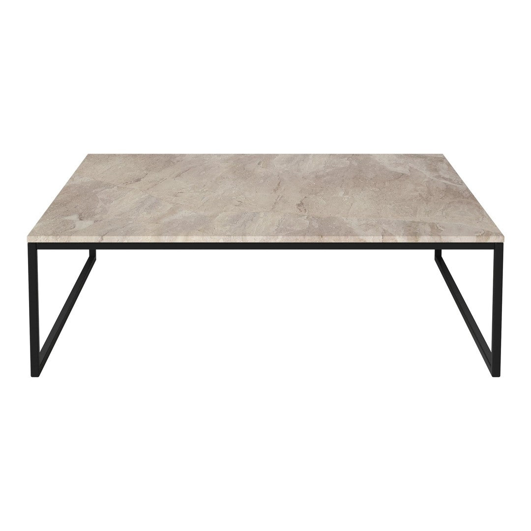 "Rectangular coffee table with a gray stone top and black metal legs, featuring a clean, modern design."