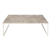 Rectangular coffee table with a light gray marble top and sleek white metal legs, featuring subtle natural patterns.