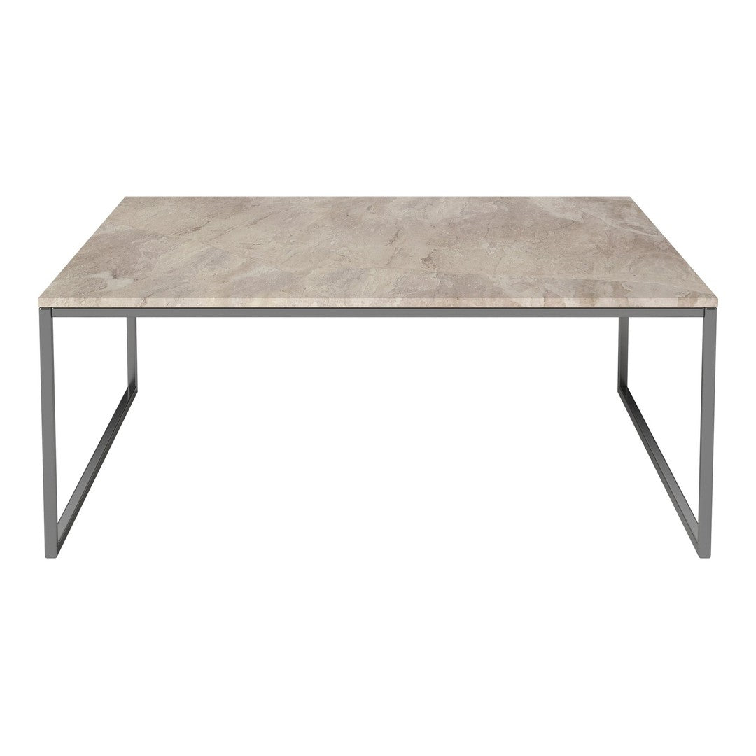 "Minimalist coffee table featuring a gray marble top and sleek silver metal legs for a modern touch."