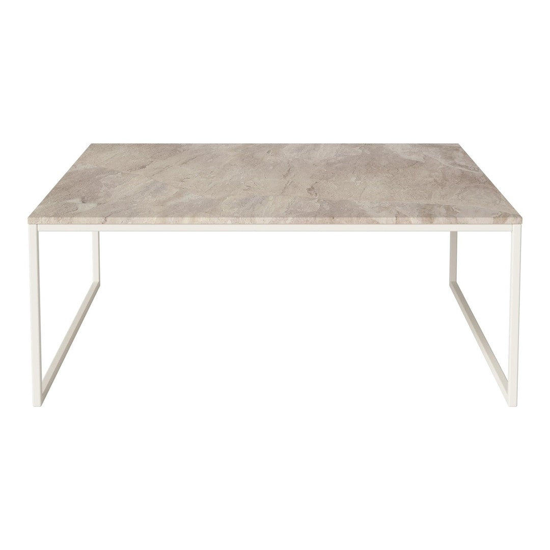 Light gray marble table with subtle veins, framed by a sleek white metal base. Elegant and modern design.