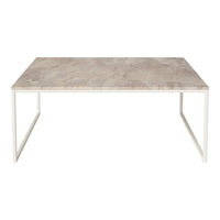 Light gray marble table with subtle veins, framed by a sleek white metal base. Elegant and modern design.