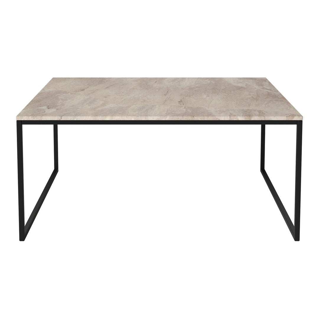 Modern rectangular dining table with a light gray tabletop and sleek black metal legs. Ideal for contemporary decor.