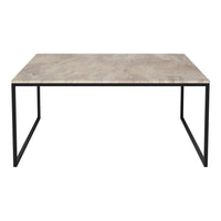 Modern rectangular dining table with a light gray tabletop and sleek black metal legs. Ideal for contemporary decor.