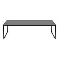 Modern black coffee table with a sleek gray glass top, minimalistic design and clean lines for contemporary decor.