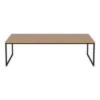 Modern rectangular coffee table with a light wood top and sleek black metal legs. Minimalist design, no patterns.