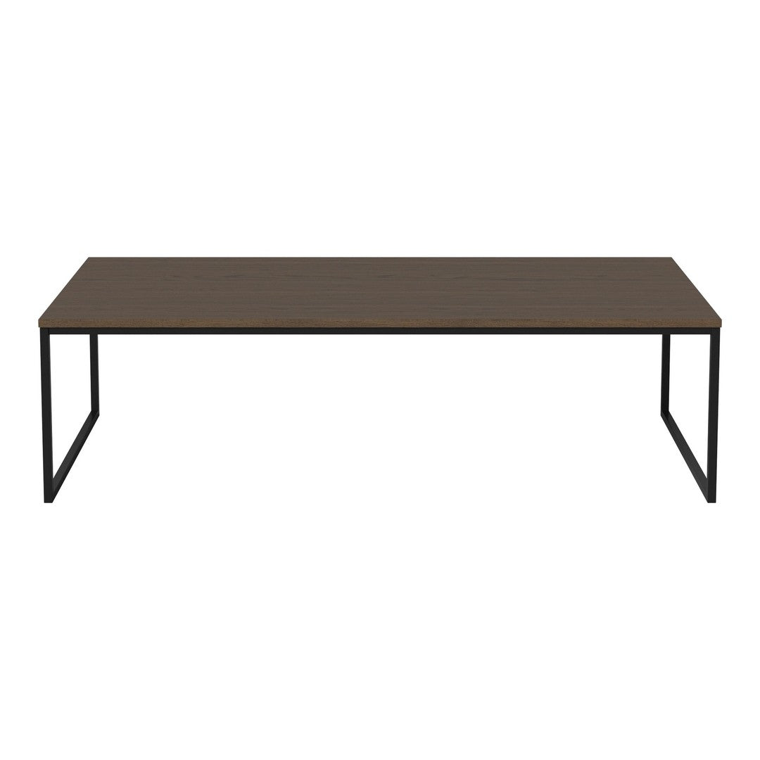 Modern black metal frame with a sleek, dark wood tabletop creating a minimalist and contemporary look.