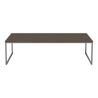 Modern rectangular coffee table with a dark wood finish and sleek silver metal legs. Perfect for contemporary decor.