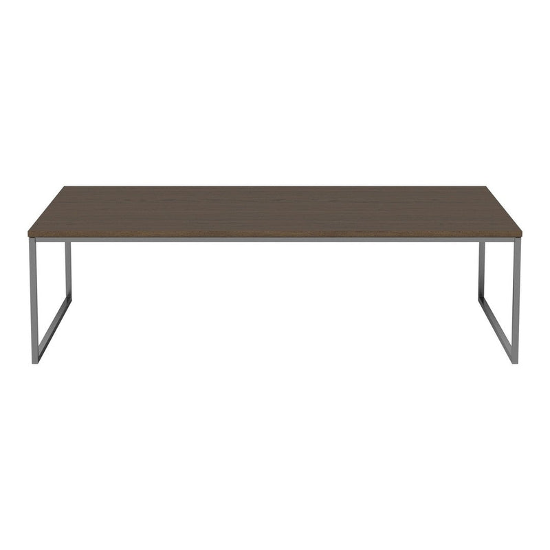Modern rectangular coffee table with a dark wood finish and sleek silver metal legs. Perfect for contemporary decor.