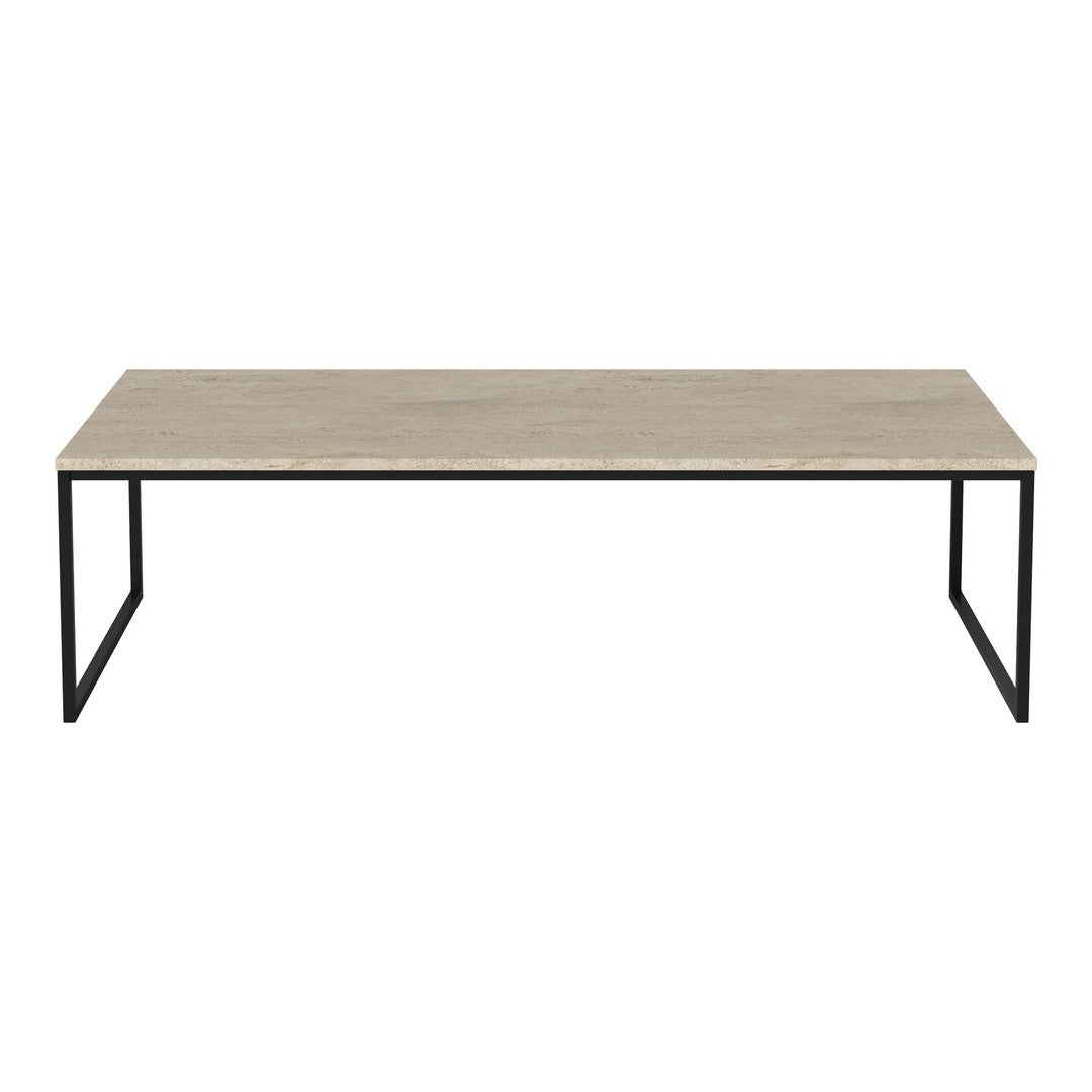 Light wood tabletop with a smooth finish, paired with a sleek black metal frame. Modern and minimalist design.