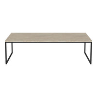 Light wood tabletop with a smooth finish, paired with a sleek black metal frame. Modern and minimalist design.